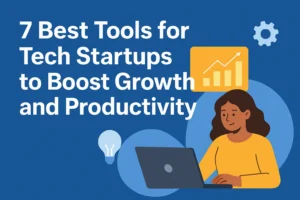 Feature image showing woman working on laptop with startup growth chart and icons