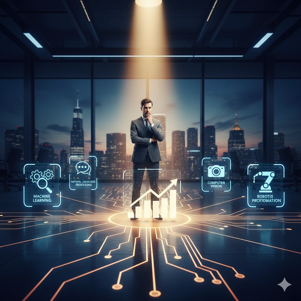 A person at a crossroads choosing between different AI software options, with a guiding light highlighting the best path forward to find the right AI solution for their business.