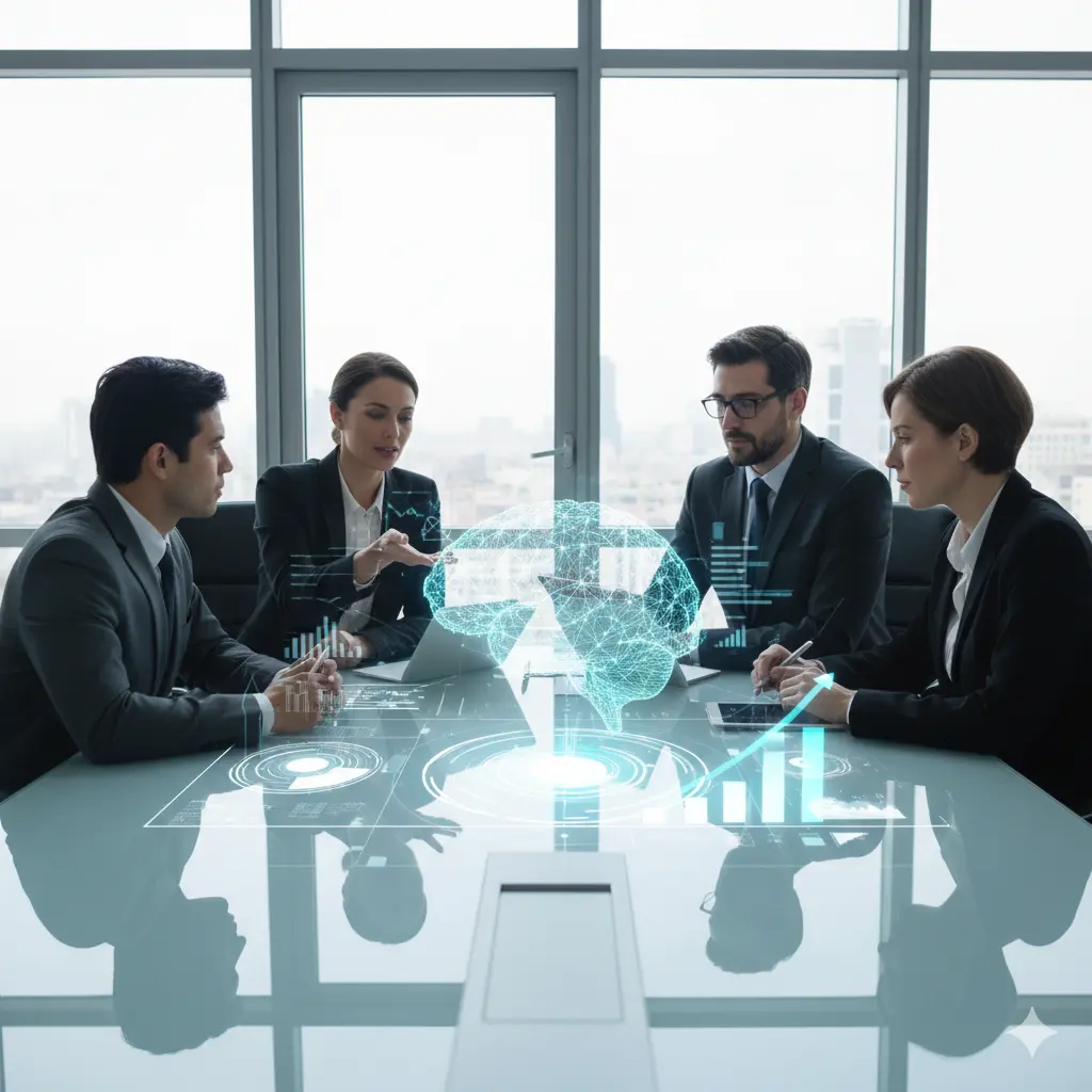 A diverse group of business executives in a boardroom, a blue holographic brain with an upward-trending arrow projected onto the glass table, symbolizing strategic AI integration for business growth and ROI