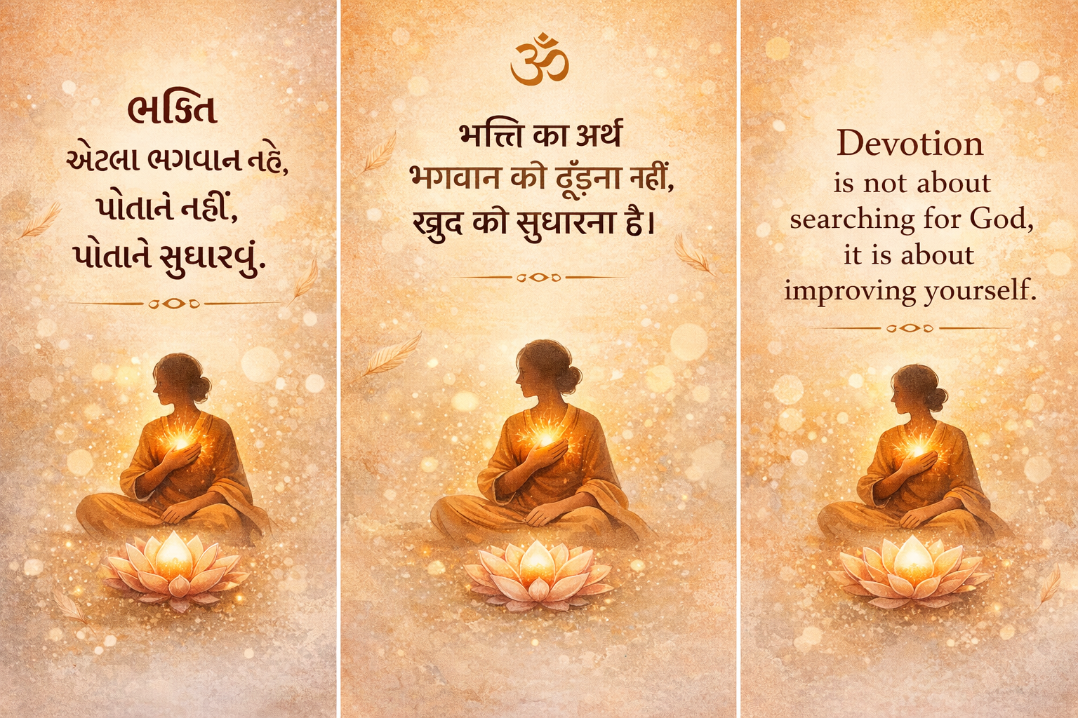 Gujarati: ભક્તિ એટલે પોતાને સુધારવી, ભગવાનની શોધ નથી. Hindi: भक्ति का अर्थ खुद को सुधारना है, भगवान को ढूँढना नहीं। English: Devotion is about improving yourself, not searching for God.