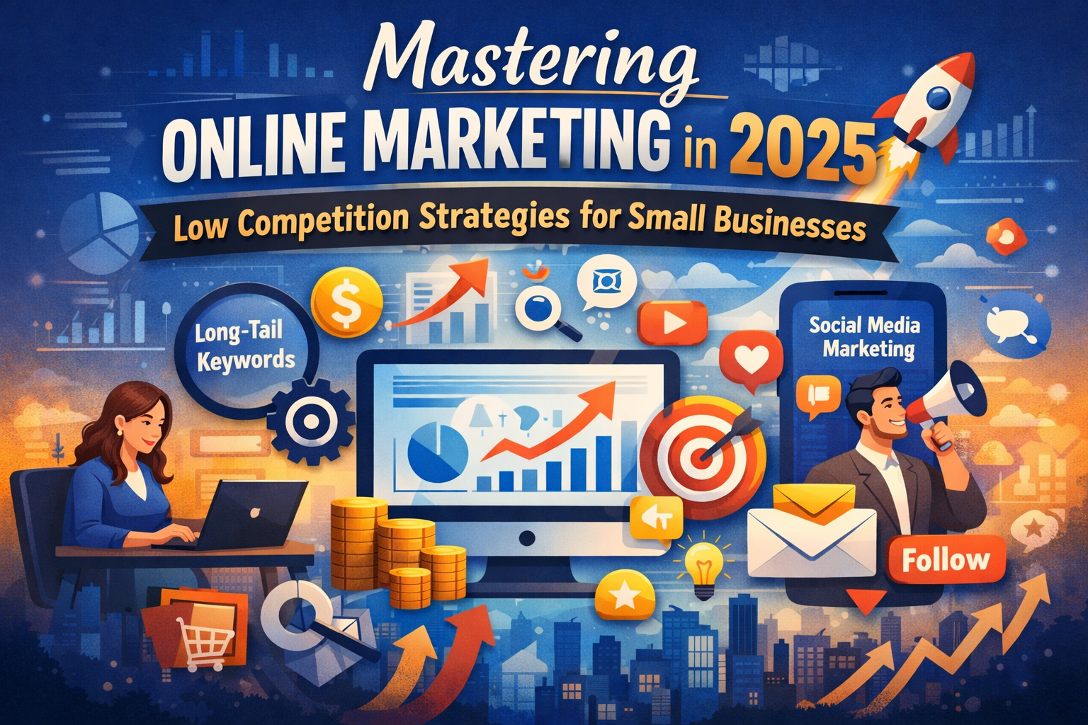 Illustration showing a step-by-step digital marketing strategy for small businesses, highlighting long-tail keyword research, content planning, and SEO optimization