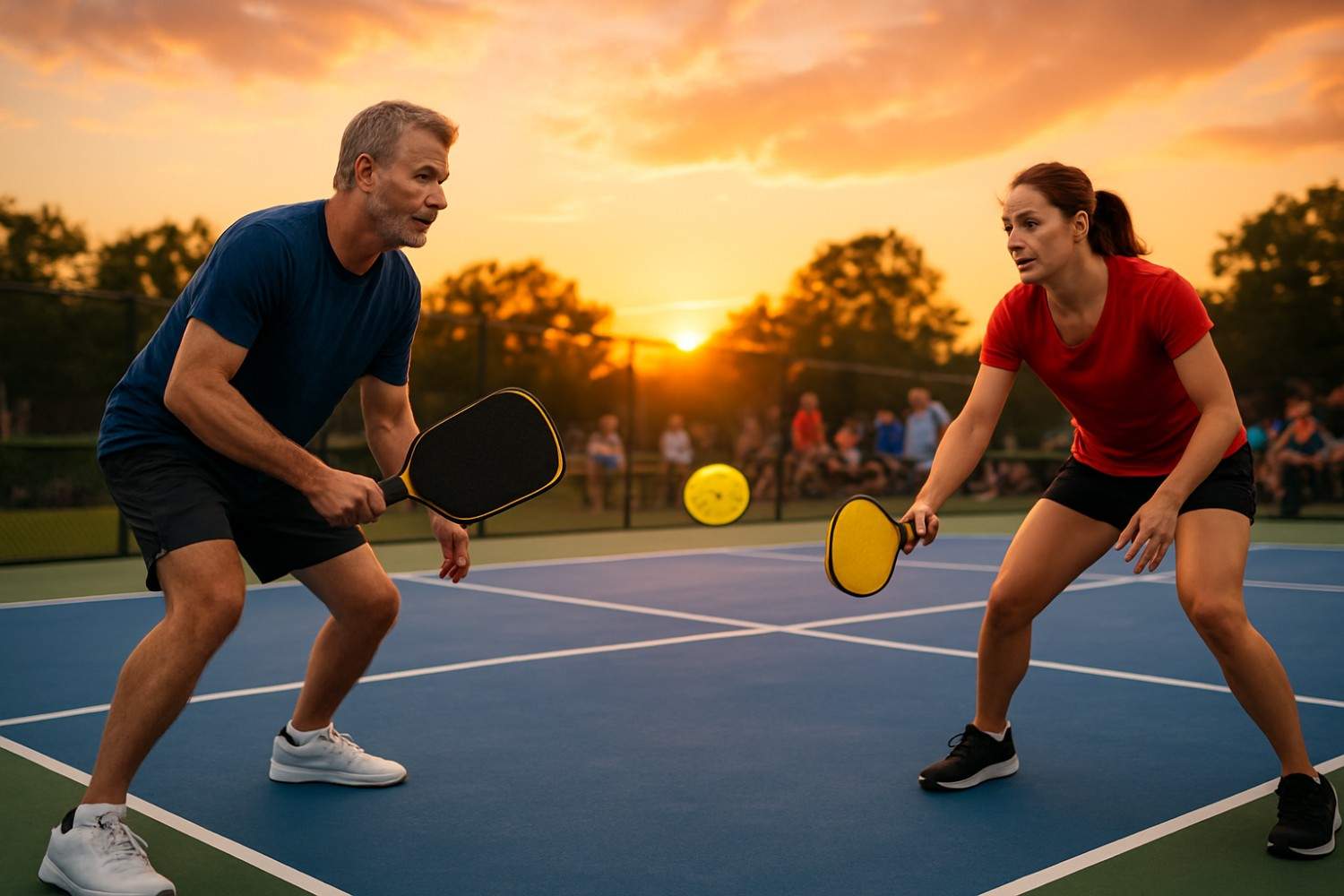 An indoor pickleball match in progress, featuring two competitive players mid-rally under bright stadium lights, with polished flooring, clear court markings, and an enthusiastic audience, capturing the competitive edge of professional pickleball events.