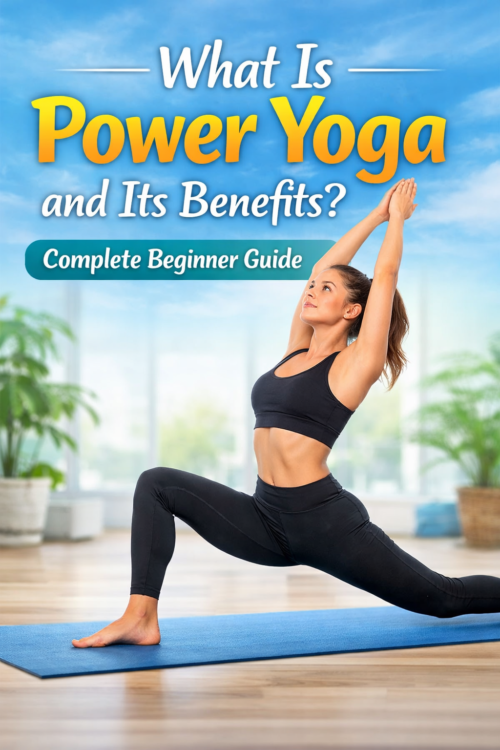 Woman practicing power yoga pose in a bright studio showing what is power yoga and its benefits including flexibility, muscle strength, balance, and beginner-friendly fitness