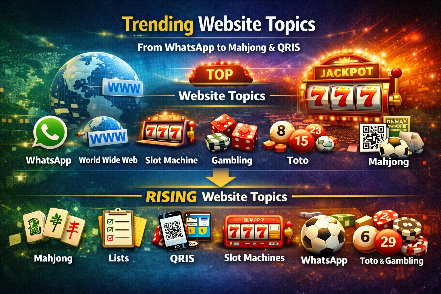 Landscape infographic illustrating website topics shaping the internet right now, featuring WhatsApp communication platforms, the World Wide Web concept, online slot machine gaming, gambling systems, Toto number games, Mahjong tiles representing Asian digital trends, QRIS cashless payment technology, football pool prediction platforms, and list-based content formats, visually highlighting top and rising website topics driving global internet usage and modern online behavior