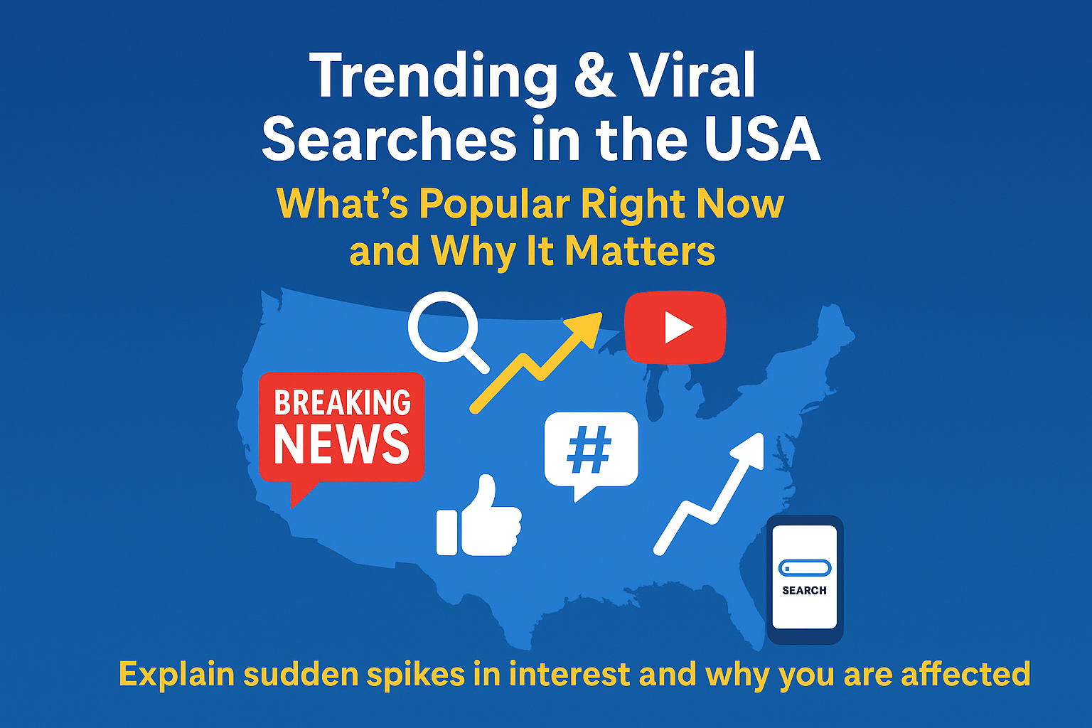 Trending and viral searches in the USA displayed with breaking news alerts, social media trend icons, viral video symbols, and real-time search activity showing what Americans are searching for today